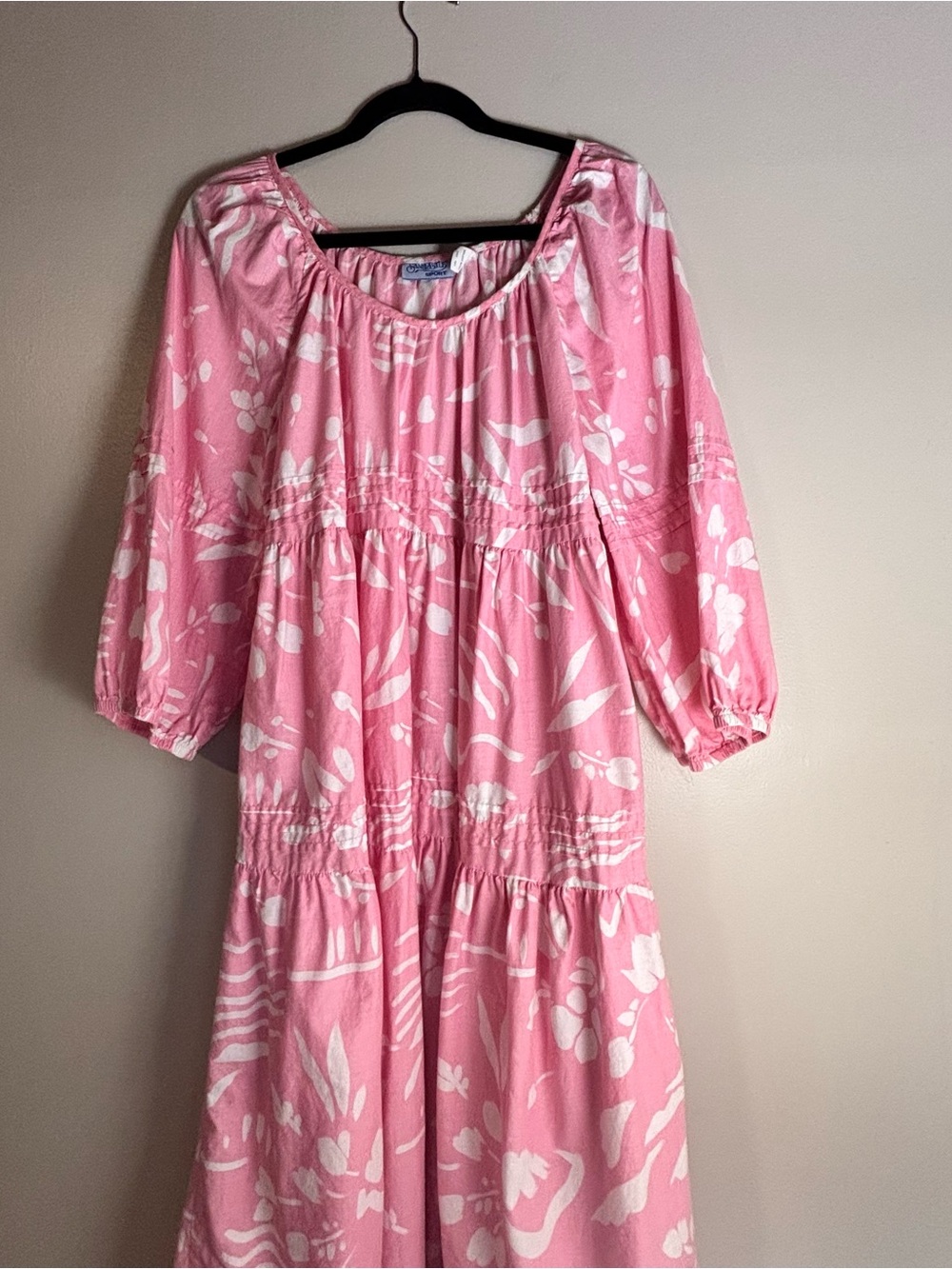VINTAGE 80s Pink Muumuu Napdress with Tropical Abstract Maxi Dress